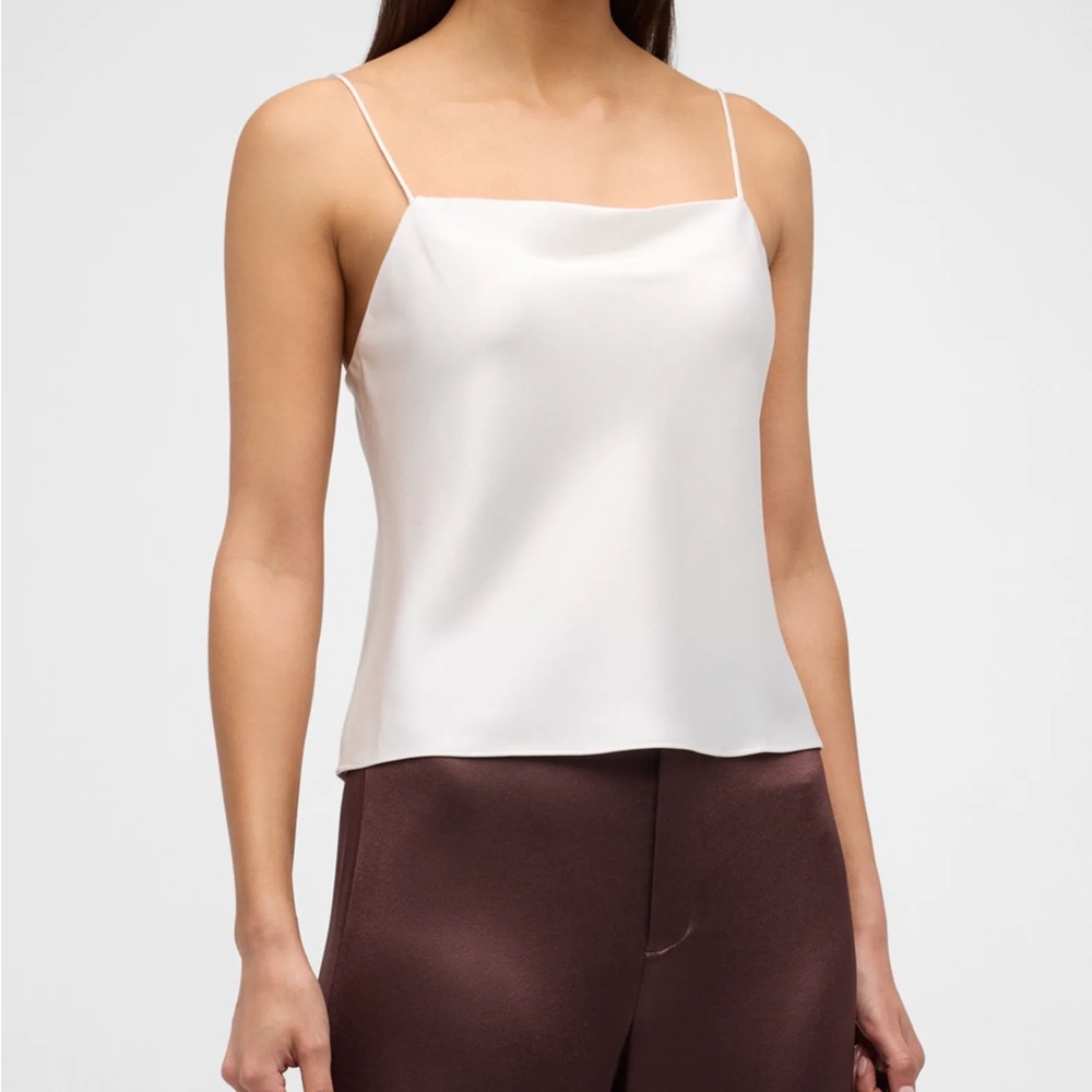 ALICE + OLIVIA Drapey Slip Tank White Harmon Satin Silk Cowl Neck Slim Top Sz L